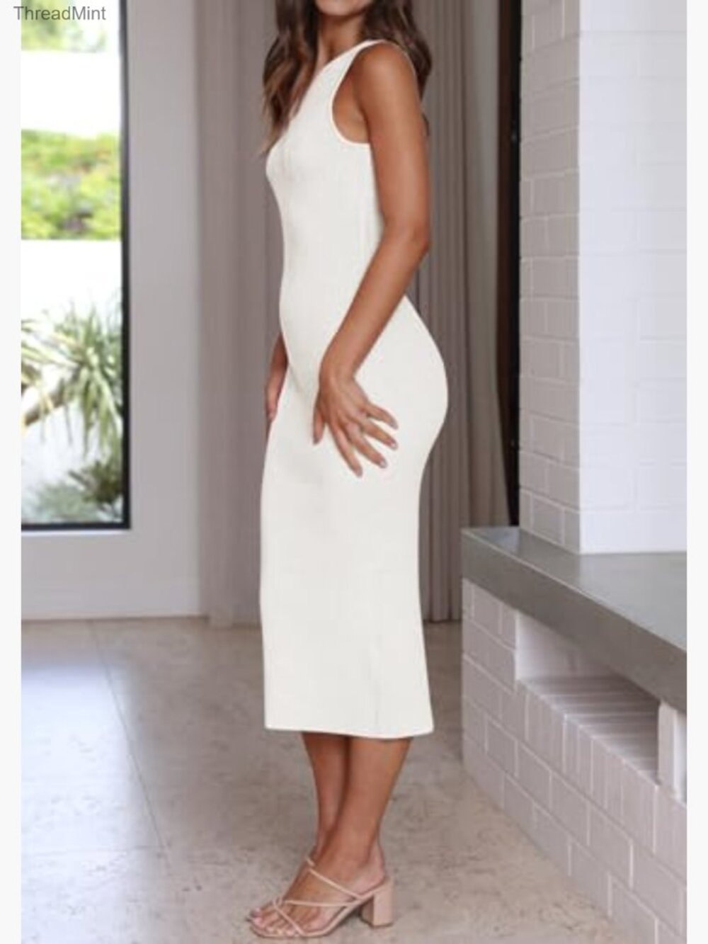 Sleeveless Ribbed Knit Bodycon Midi Dress Slim Fit Lightweight Stretchy - Picture 3 of 7